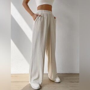 Cream Linen blend Wide-Leg Pants